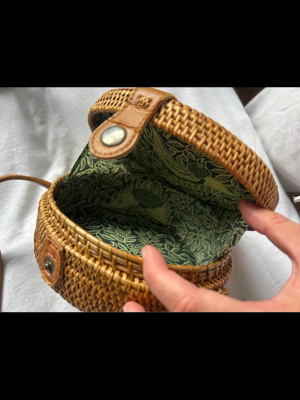 Round Woven Crossbody Bag with Leather Trim in Tan - Picture 3 of 3
